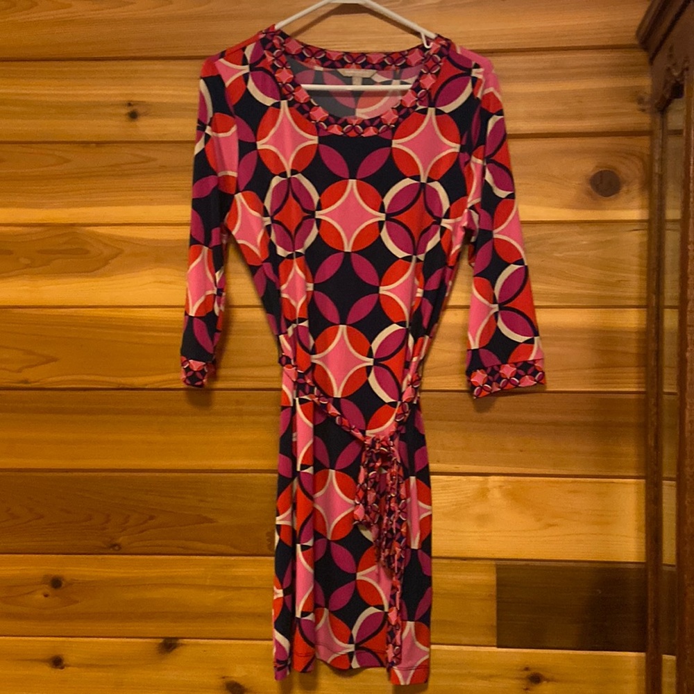 Navy blue and pink dress with tied waist